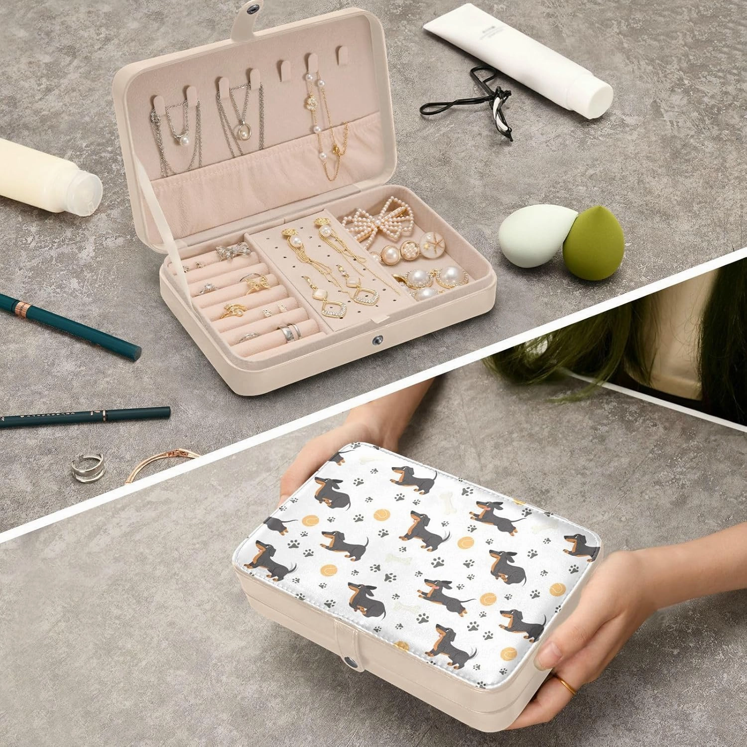 ZZKKO Travel Jewelry Case Dachshund Dog Small Jewelry Boxes for Women Portable Jewelry Travel Organizer Storage Box for Earrings Ring Necklace
