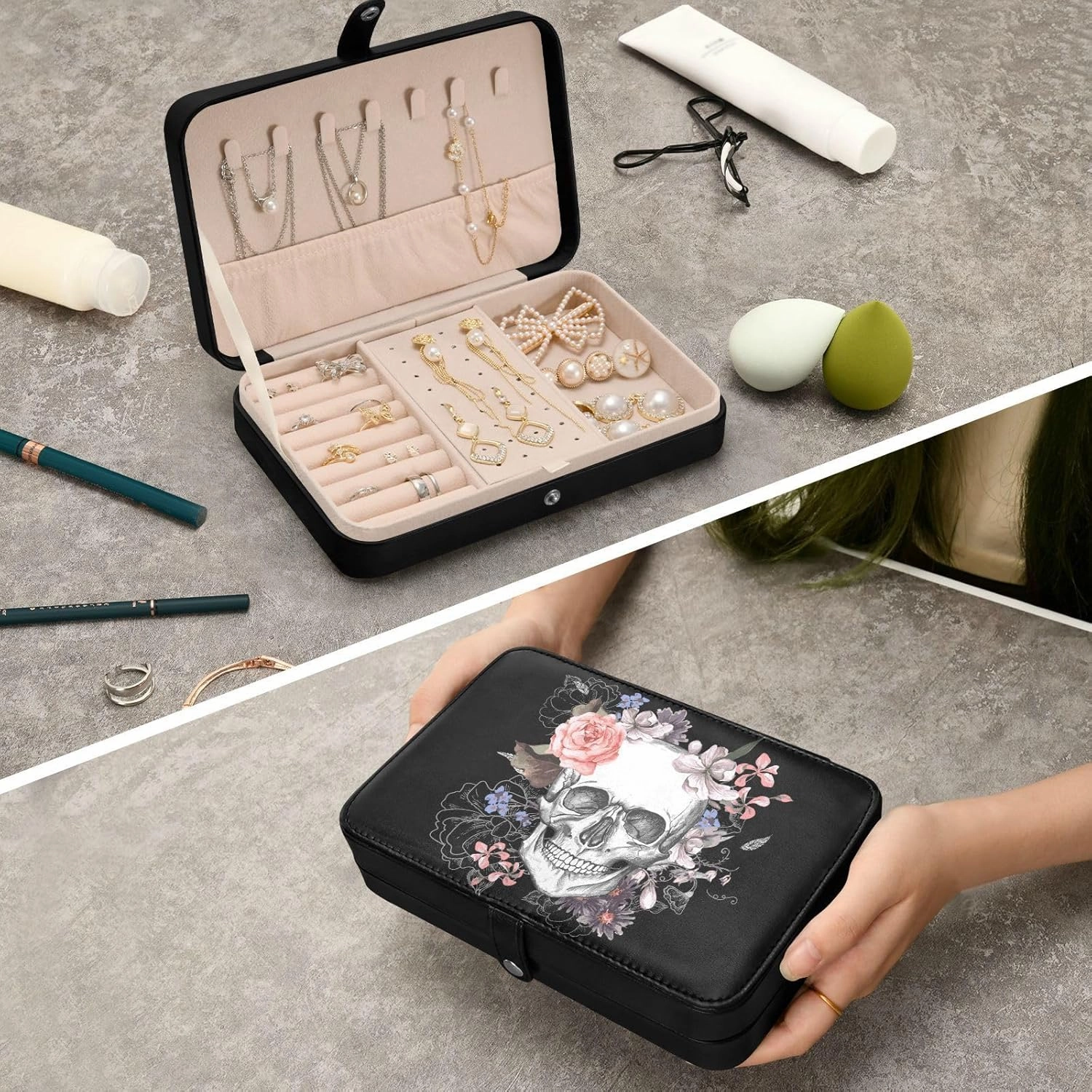 ZZKKO Travel Jewelry Case Sugar Skull with Flower Small Jewelry Boxes for Women Portable Jewelry Travel Organizer Storage Box for Earrings Ring Necklace