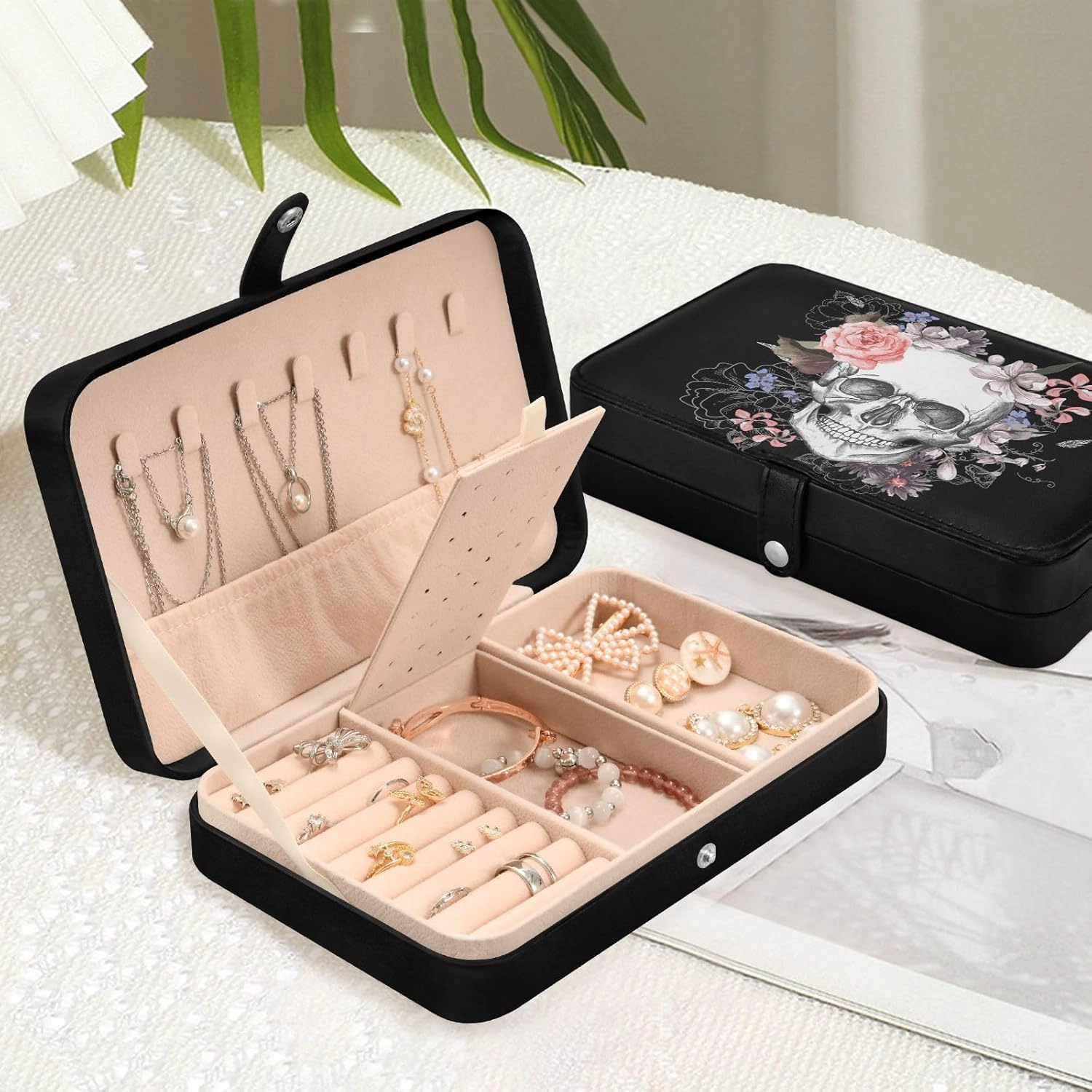 ZZKKO Travel Jewelry Case Sugar Skull with Flower Small Jewelry Boxes for Women Portable Jewelry Travel Organizer Storage Box for Earrings Ring Necklace